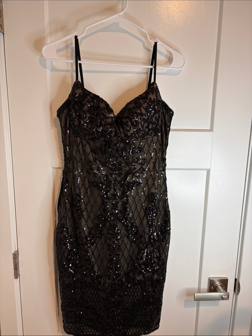 Lulu's Black Sequin Lace-Up Mini Dress with Spaghetti Straps
